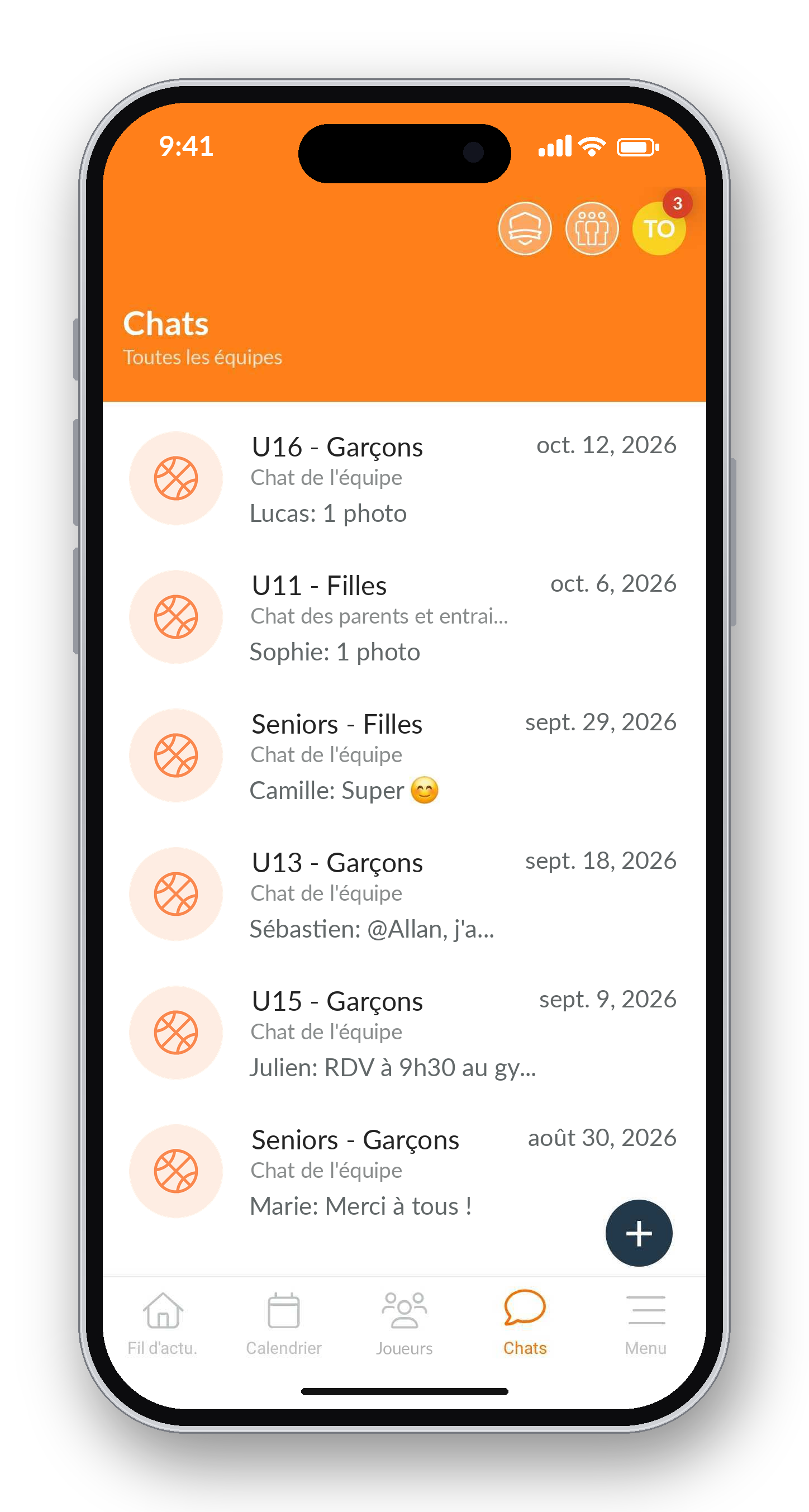 Les chats d'équipe du club dans l'application SportMember