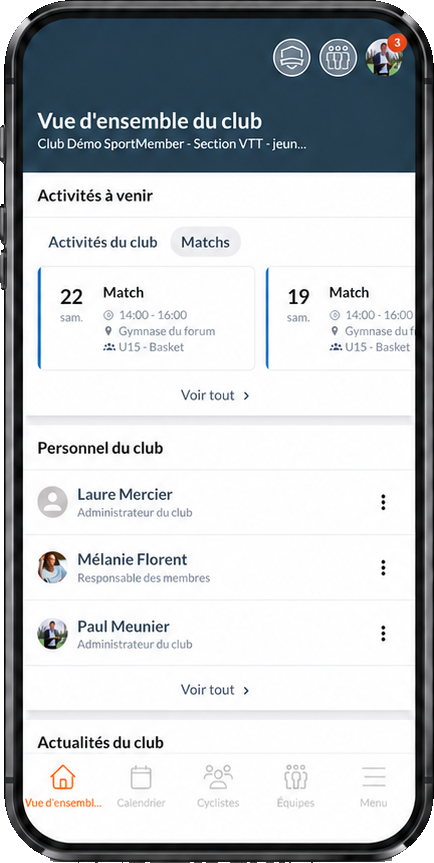 La vue d'ensemble du club dans l'application SportMember